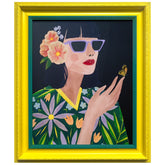 "Floral Female" Chromatic Hand Painted Embellished Giclee Portrait Canvas Wall Art with Baroque Frame